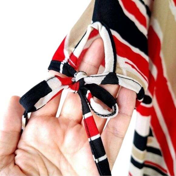 Roz & Ali Abstract Geometric Print Blouse Red Black Cream 3/4 Tie Sleeve Size L - Picture 8 of 13